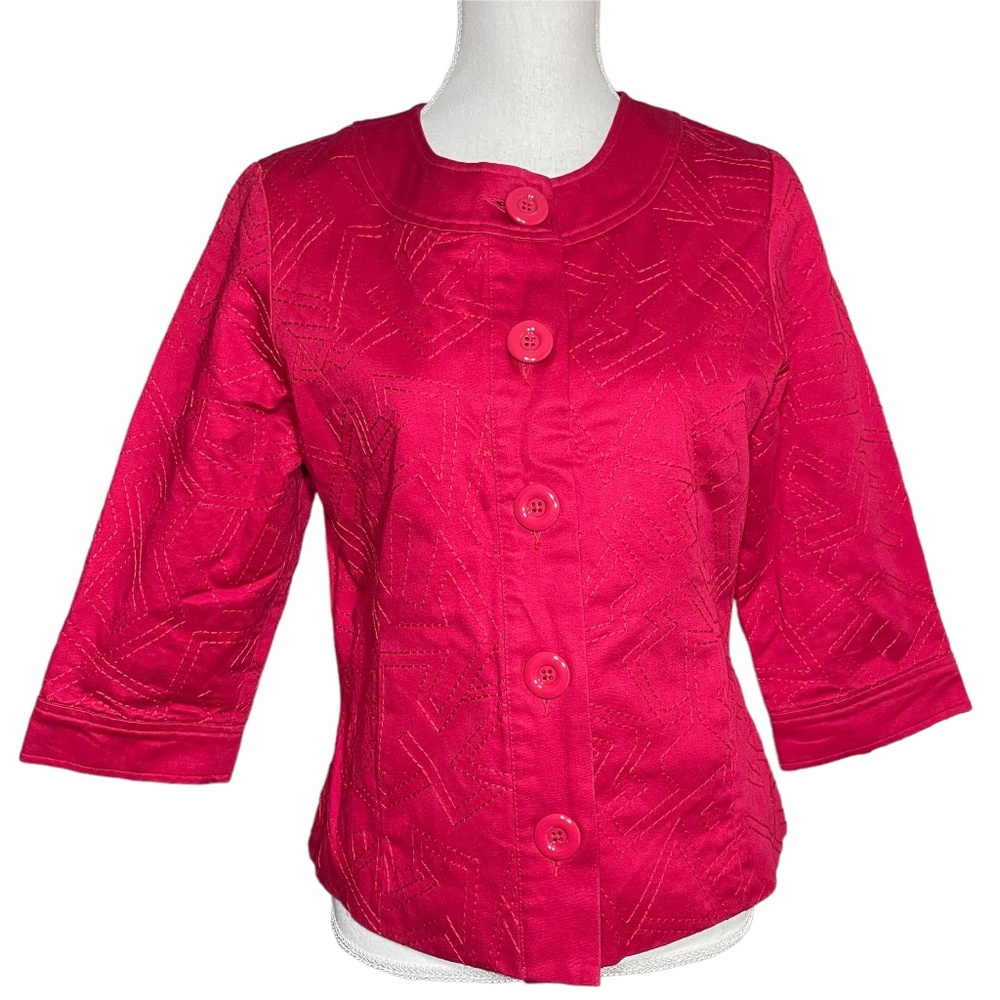 100% Cotton Geometric Embroidered Jacket 8 3/4 Sleeve Pockets Collarless Crew